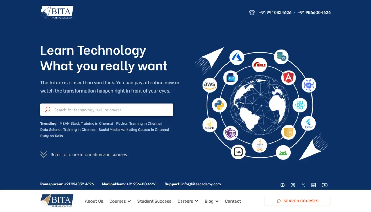BITA Academy training institute website designed and developed in WordPress by Tamilarasan N
